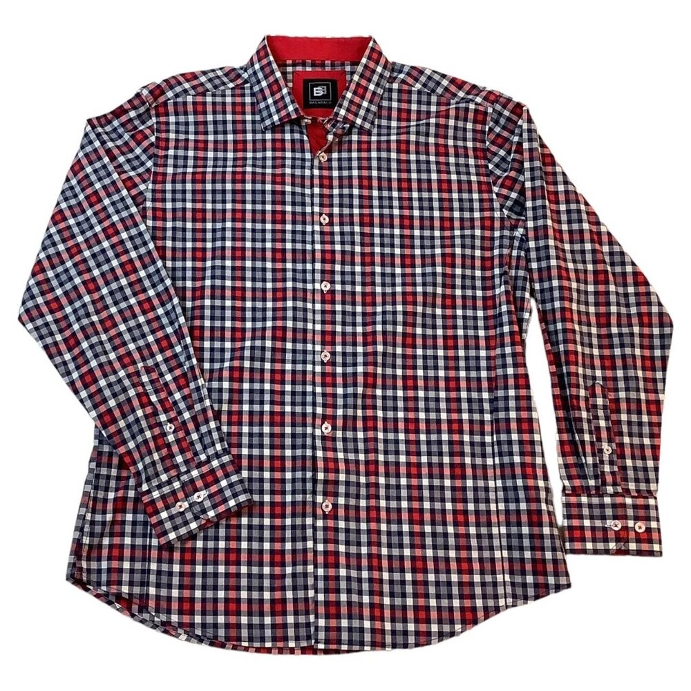Bachrach Long Sleeve Button Up Check Shirt 100% Cotton Size XL